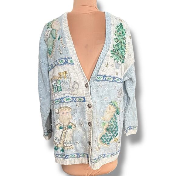 Vintage 90s Marisa Christina Christmas Pastel Blue Knit Cardigan Sweater Plus 2X - Picture 3 of 16